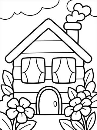 Desenho de Casinha de Campo com Chaminé e Flores para colorir e imprimir grátis