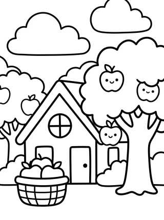 Desenho de Casinha de Campo com Pomar de Maçãs para colorir e imprimir grátis