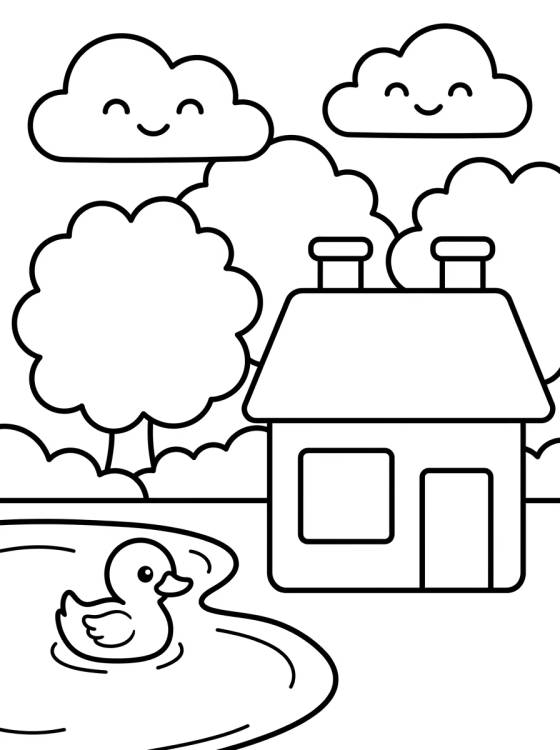 Desenho de Casinha de Campo perto do Lago para colorir e imprimir grátis