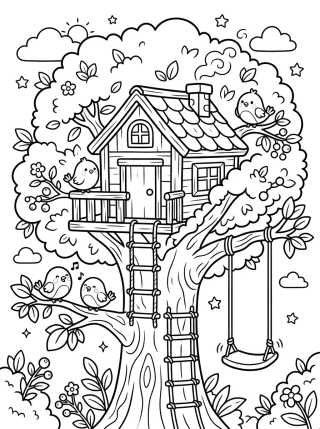 Desenho de Casinha na Árvore Aconchegante para colorir e imprimir grátis