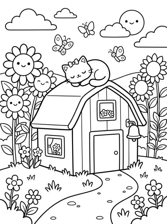 Desenho de Celeiro de Campo com Gatinho para colorir e imprimir grátis
