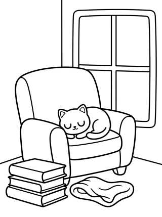 Cantinho da Leitura com Gatinho para colorir Desenho de Cantinho da Leitura com Gatinho para colorir e imprimir grátis