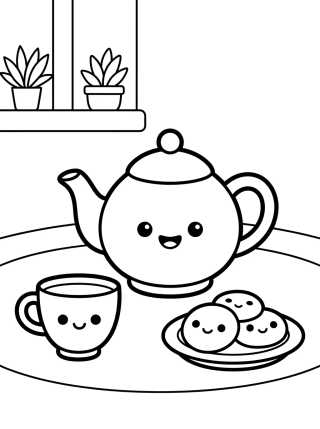 Desenho de Cozinha Fofa com Chá e Biscoitos para colorir e imprimir grátis