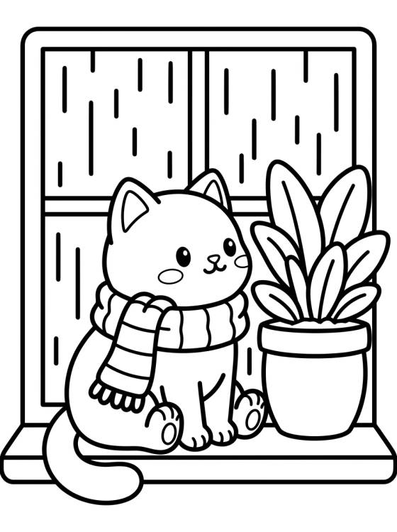 Desenho de Gatinho na Janela Chuvosa para colorir e imprimir grátis