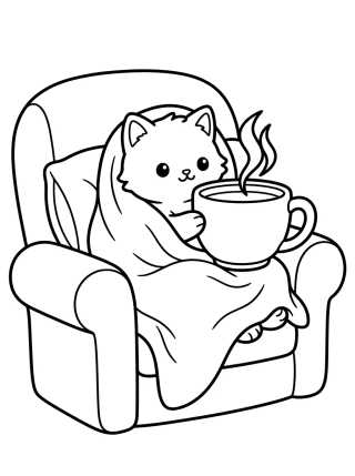 Desenho de Gatinho Tomando Chá na Poltrona para colorir e imprimir grátis