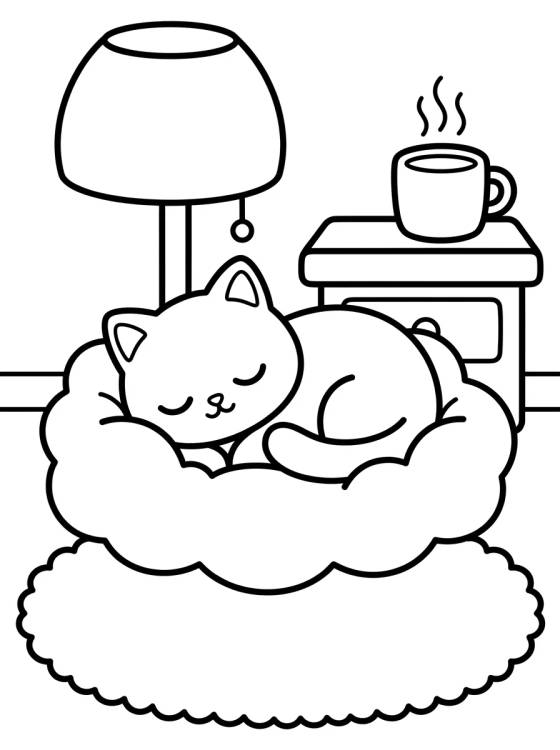 Desenho de Quarto Aconchegante do Gatinho para colorir e imprimir grátis