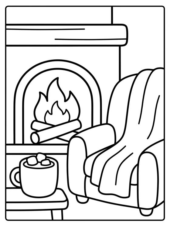 Desenho de Sala de Estar com Lareira Fofinha para colorir e imprimir grátis