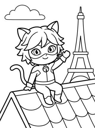 Desenho de Cat Noir Acenando no Telhado para colorir e imprimir grátis