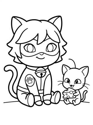 Desenho de Cat Noir com o Kwami Plagg para colorir e imprimir grátis