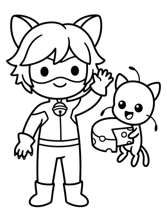 Desenho de Cat Noir com o Plagg para colorir e imprimir grátis