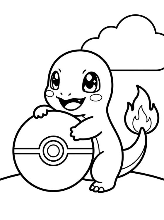 Desenho de Charmander Brincando com uma Pokébola para colorir e imprimir grátis