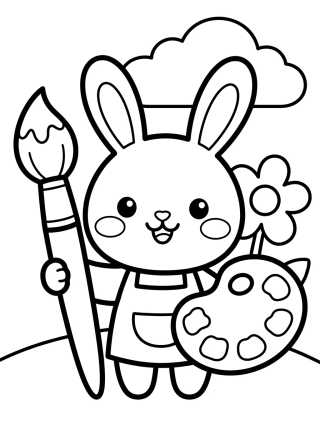 Desenho de Coelhinho Artista com Pincel e Tinta para colorir e imprimir grátis