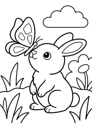 Desenho de Coelhinho Brincando com uma Borboleta para colorir e imprimir grátis