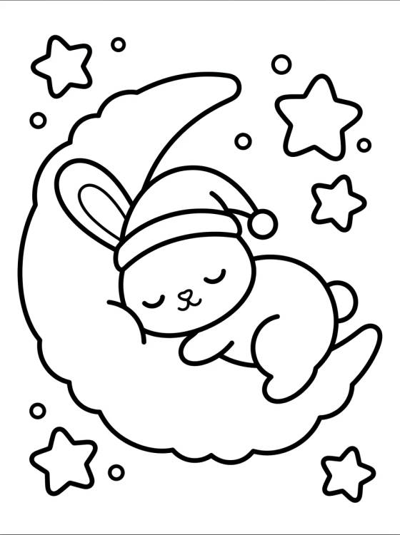 Desenho de Coelhinho Dormindo na Lua para colorir e imprimir grátis