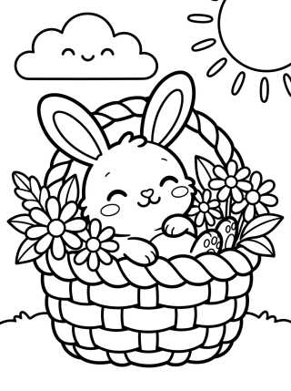 Desenho de Coelhinho Fofo Dentro da Cesta de Flores para colorir e imprimir grátis