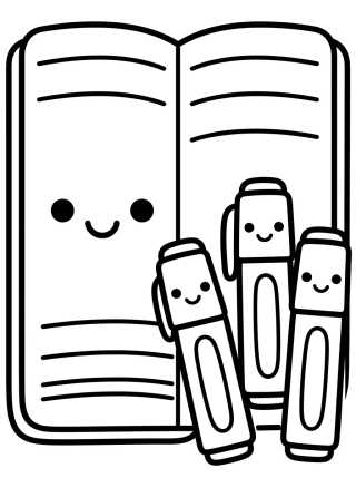 Caderno e Canetinhas Kawaii para colorir Desenho de Caderno e Canetinhas Kawaii para colorir e imprimir grátis