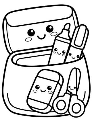Desenho de Estojo e Materiais Escolares Kawaii para colorir e imprimir grátis