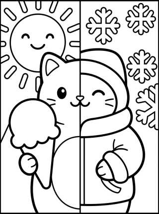 Desenho de Gatinho Kawaii nas Estações para colorir e imprimir grátis