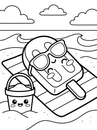 Desenho de Picolé Fofo na Praia no Verão para colorir e imprimir grátis