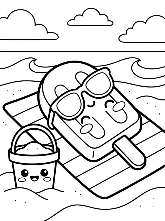 Desenho de Picolé Fofo na Praia no Verão para colorir e imprimir grátis