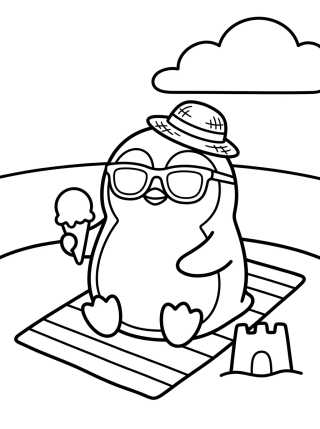 Desenho de Pinguim Fofo na Praia no Verão para colorir e imprimir grátis