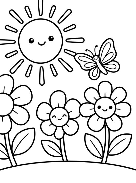 Desenho de Sol e Flores da Primavera para colorir e imprimir grátis