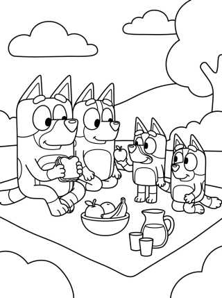 Família Heeler no Piquenique da Bluey para colorir Desenho de Família Heeler no Piquenique da Bluey para colorir e imprimir grátis