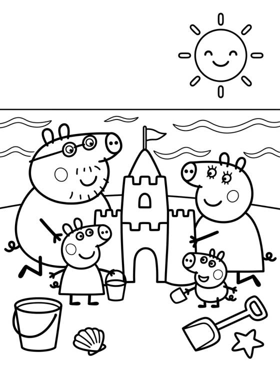 Desenho de Família Pig Construindo Castelo de Areia para colorir e imprimir grátis