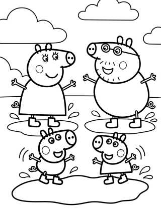 Família Pig Pulando em Poças de Lama para colorir Desenho de Família Pig Pulando em Poças de Lama para colorir e imprimir grátis
