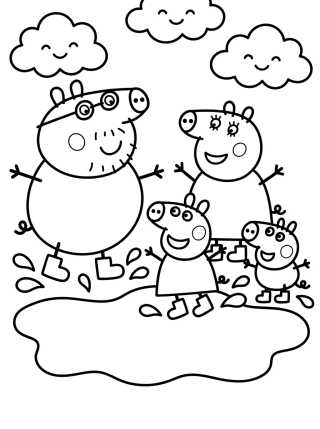 Desenho de Família Pig Pulando em Poças de Lama para colorir e imprimir grátis