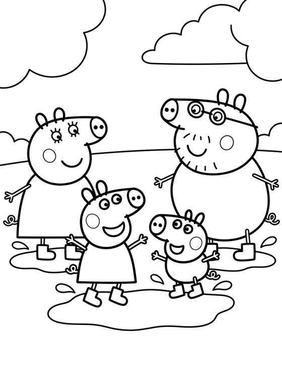 Desenho de Família Pig Pulando em Poças de Lama para colorir e imprimir grátis