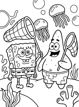 Desenho de Bob Esponja e Patrick Caçando Águas-vivas para colorir e imprimir grátis