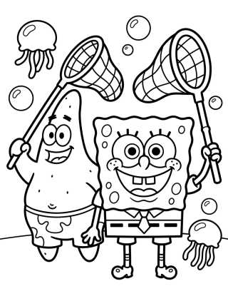 Desenho de Bob Esponja e Patrick Caçando Águas-Vivas para colorir e imprimir grátis