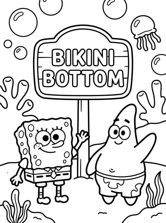Desenho de Bob Esponja e Patrick na Fenda do Bikini para colorir e imprimir grátis