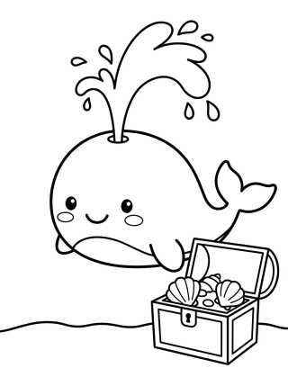 Desenho de Baleia Fofa e Tesouro no Mar para colorir e imprimir grátis