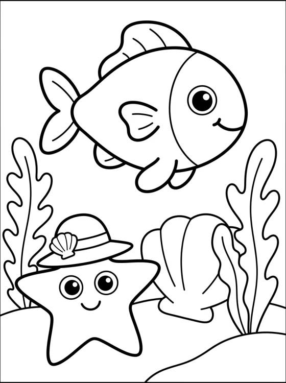 Desenho de Peixinho Amigo e Estrela do Mar para colorir e imprimir grátis