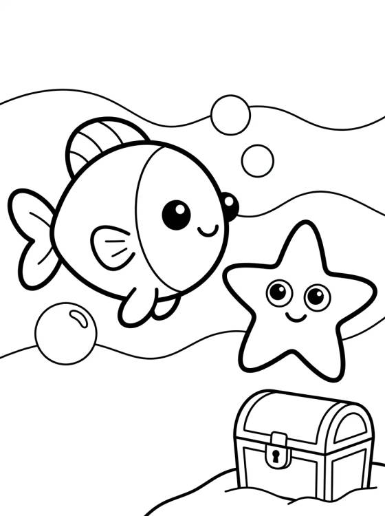 Desenho de Peixinho Fofo e Estrela do Mar para colorir e imprimir grátis