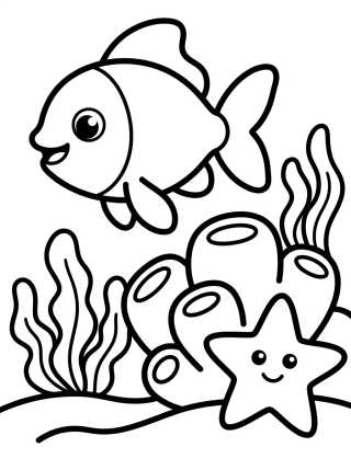 Desenho de Peixinho Fofo nos Corais para colorir e imprimir grátis