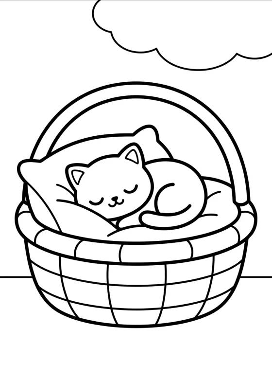 Desenho de Gatinho Dorminhoco na Cesta para colorir e imprimir grátis