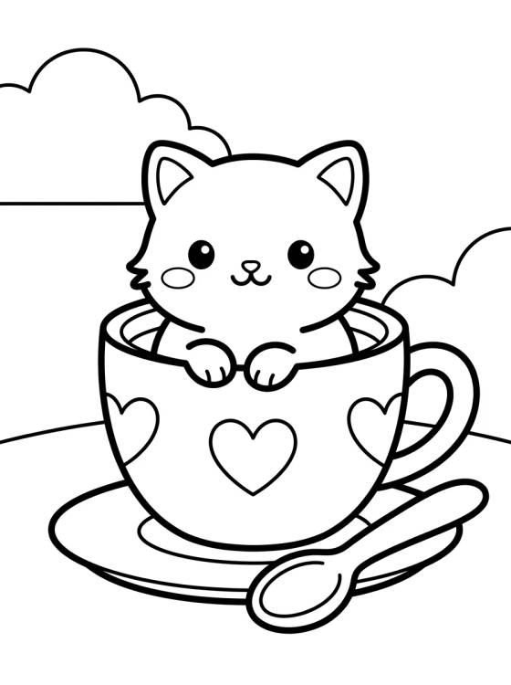 Desenho de Gatinho na Xícara de Chá para colorir e imprimir grátis