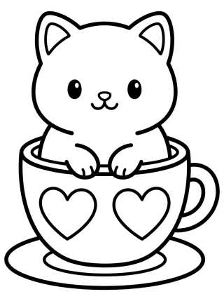 Desenho de Gatinho na Xícara de Chá para colorir e imprimir grátis