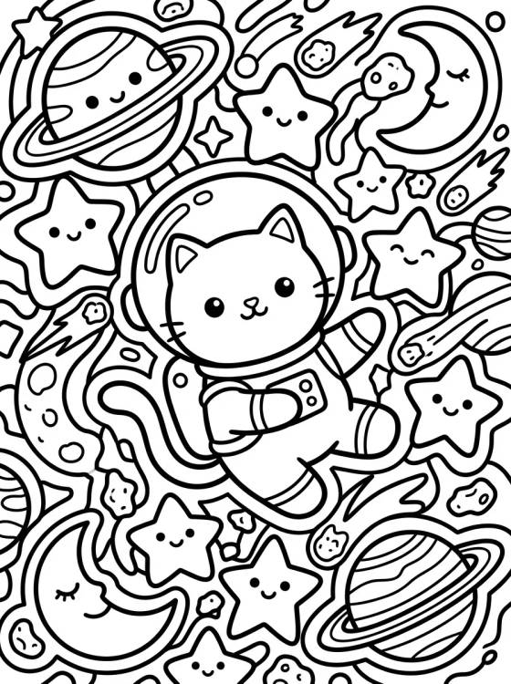 Desenho de Gato Astronauta no Espaço para colorir e imprimir grátis