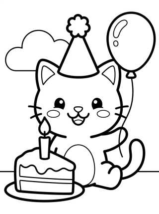Desenho de Gato com Chapéu de Aniversário para colorir e imprimir grátis