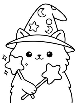 Desenho de Gato Mago com Chapéu Estrelado para colorir e imprimir grátis