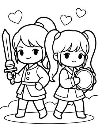 Desenho de Dupla de Guerreiras K-Pop Unidas na Ação para colorir e imprimir grátis