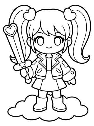 Desenho de Guerreira K-Pop com Espada de Coração para colorir e imprimir grátis