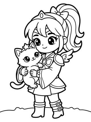 Desenho de Guerreira K-Pop com Mascote de Gatinho para colorir e imprimir grátis