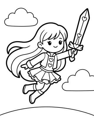 Desenho de Guerreira K-Pop Voadora com Espada Mágica para colorir e imprimir grátis