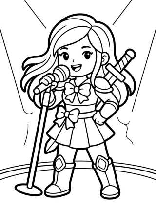 Desenho de Guerreira K-Pop Cantando com Microfone para colorir e imprimir grátis