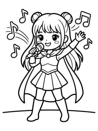 Desenho de Guerreira K-Pop Cantando no Microfone para colorir e imprimir grátis